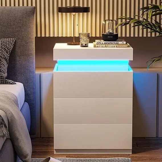 Sikaic Modern LED Nightstand with Sliding Top, Built-in Charging Station & RGB Ambient Lights — Stylish Bedroom Bedside Table with 3 Drawers