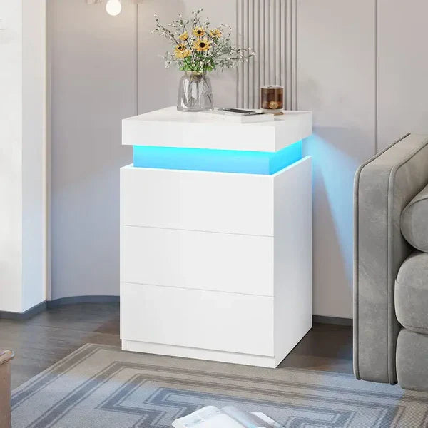 Sikaic Modern LED Nightstand with Sliding Top, Built-in Charging Station & RGB Ambient Lights — Stylish Bedroom Bedside Table with 3 Drawers
