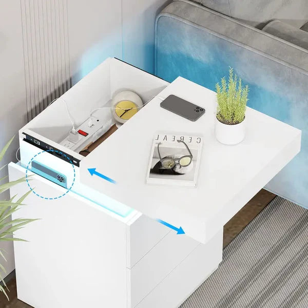 Sikaic Modern LED Nightstand with Sliding Top, Built-in Charging Station & RGB Ambient Lights — Stylish Bedroom Bedside Table with 3 Drawers