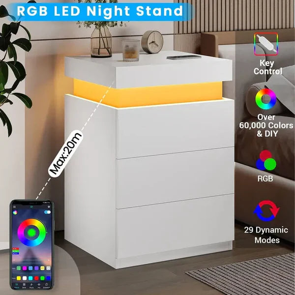 Sikaic Modern LED Nightstand with Sliding Top, Built-in Charging Station & RGB Ambient Lights — Stylish Bedroom Bedside Table with 3 Drawers