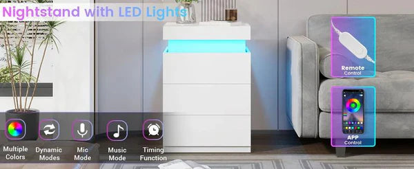 Sikaic Modern LED Nightstand with Sliding Top, Built-in Charging Station & RGB Ambient Lights — Stylish Bedroom Bedside Table with 3 Drawers