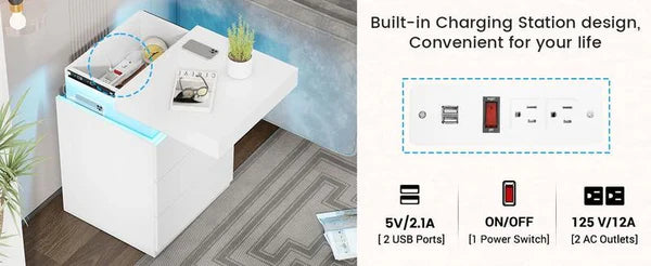 Sikaic Modern LED Nightstand with Sliding Top, Built-in Charging Station & RGB Ambient Lights — Stylish Bedroom Bedside Table with 3 Drawers