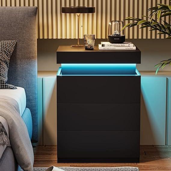 Sikaic Modern LED Nightstand with Sliding Top, Built-in Charging Station & RGB Ambient Lights — Stylish Bedroom Bedside Table with 3 Drawers