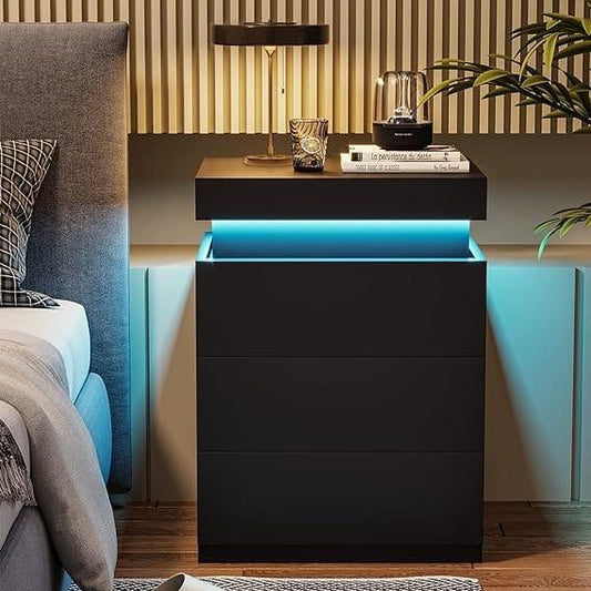 Sikaic Modern LED Nightstand with Sliding Top, Built-in Charging Station & RGB Ambient Lights — Stylish Bedroom Bedside Table with 3 Drawers